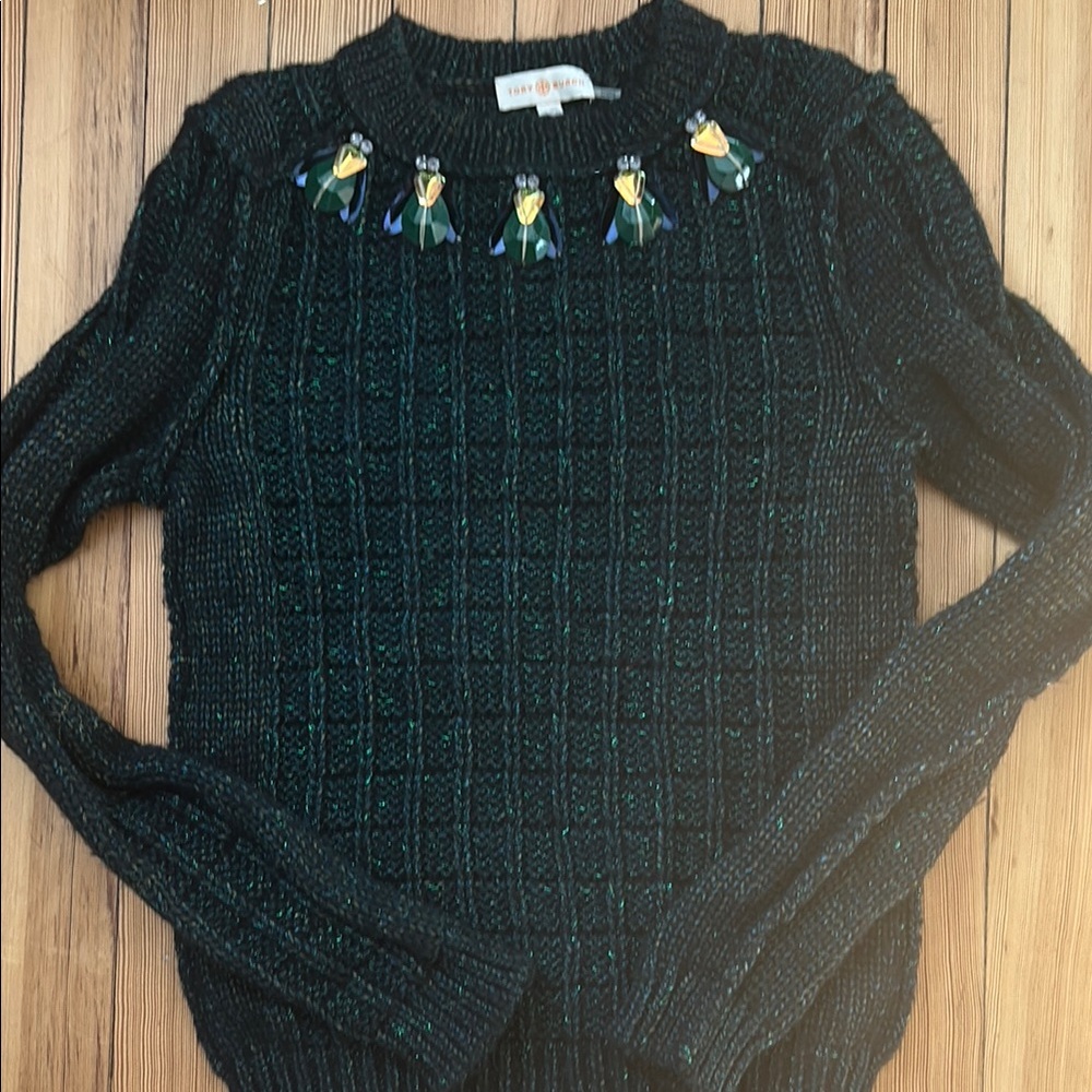 Tory Burch Jeweled Crewneck Cable HOLIDAY Green Sweater Small S